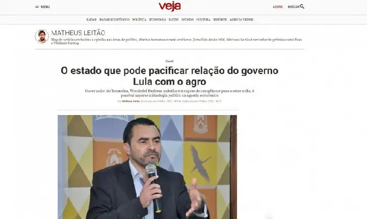 Atuação do governador Wanderlei Barbosa em relação ao Agro ganha destaque na mídia nacional